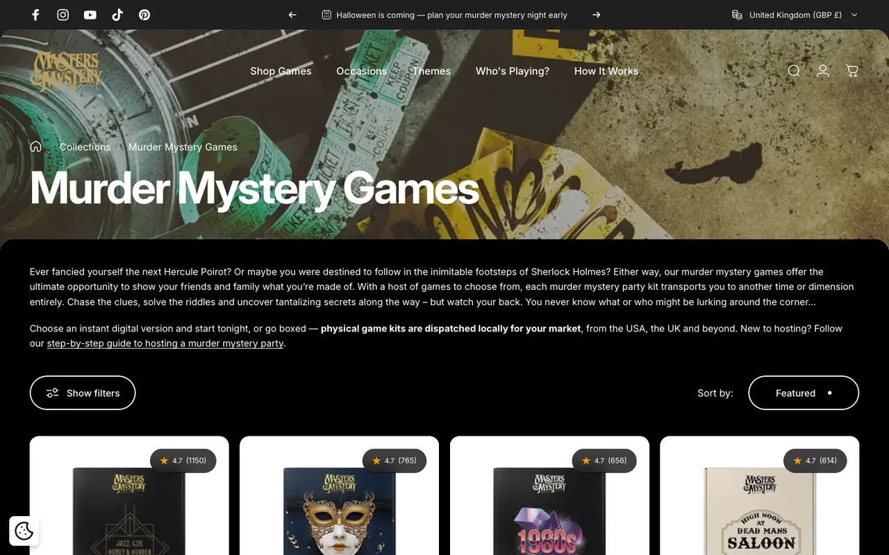 Murder mystery games collection page