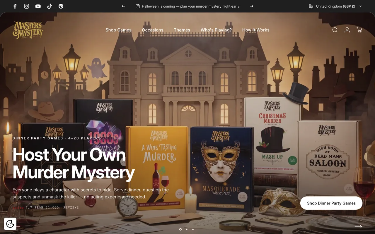 The new Masters of Mystery homepage with diorama hero