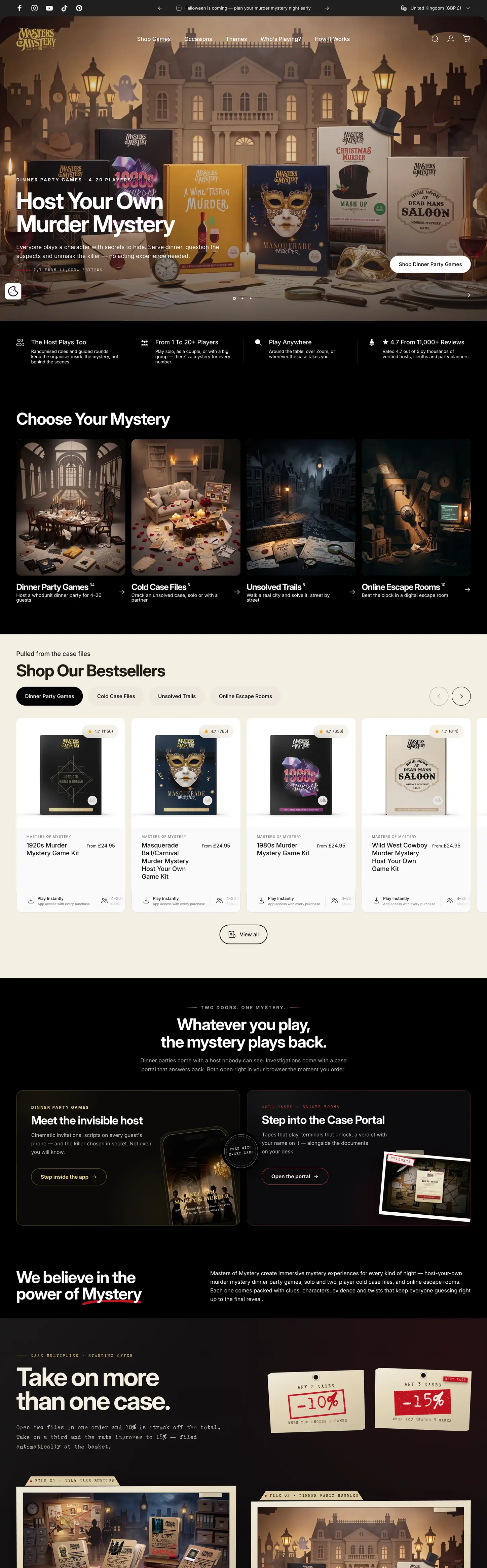 Scrolling walkthrough of the Masters of Mystery Shopify store, designed and built by RiseUp