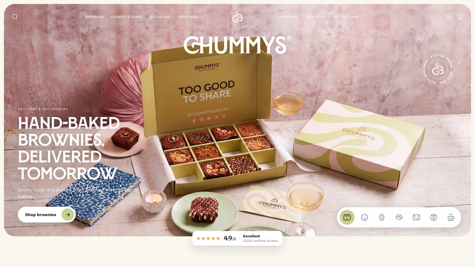 chummysbakery.co.uk homepage: Hand-baked brownies delivered tomorrow, with the picker tabs