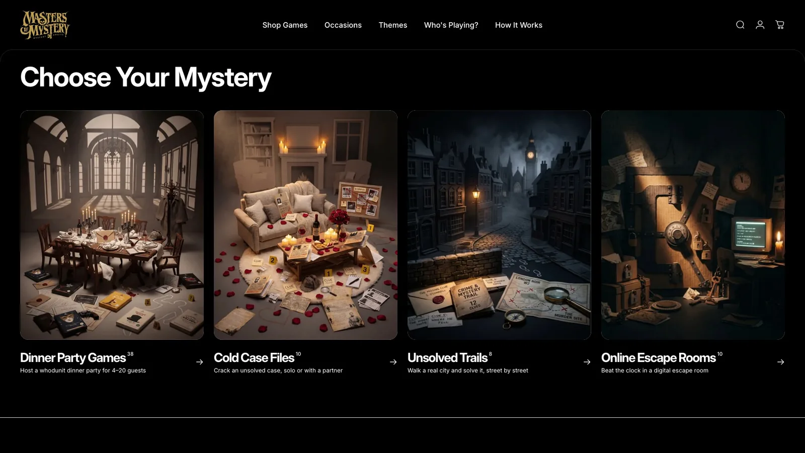 mastersofmystery.com: Choose Your Mystery category tiles &mdash; Dinner Party Games, Cold Case Files, Unsolved Trails and Online Escape Rooms