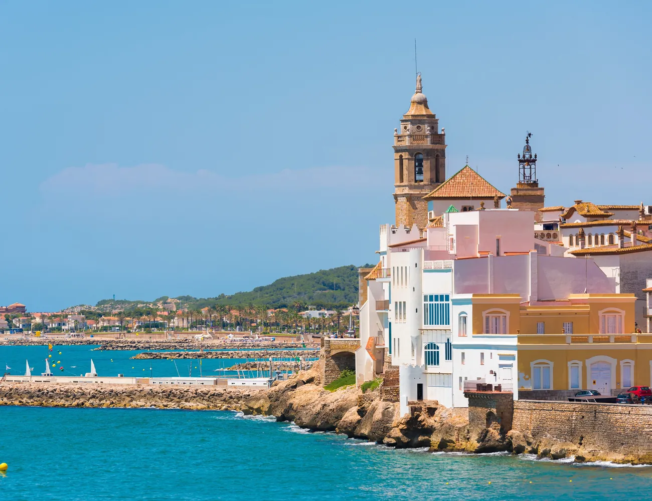 Whitewashed coastal town and church on the Costa Brava